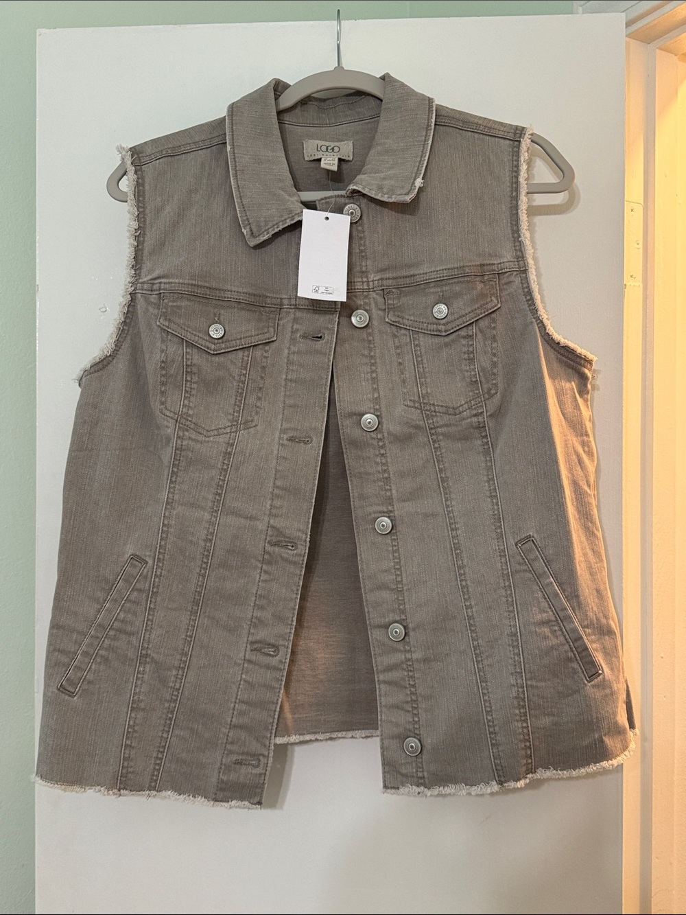 LOGO by Lori Goldstein Taupe Frayed Sleeveless Denim-Style Vest